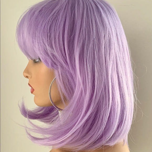 Lilac Purple Color “Put On & Go” Synthetic Wig with Bangs for Events or Cosplay - Picture 2 of 4